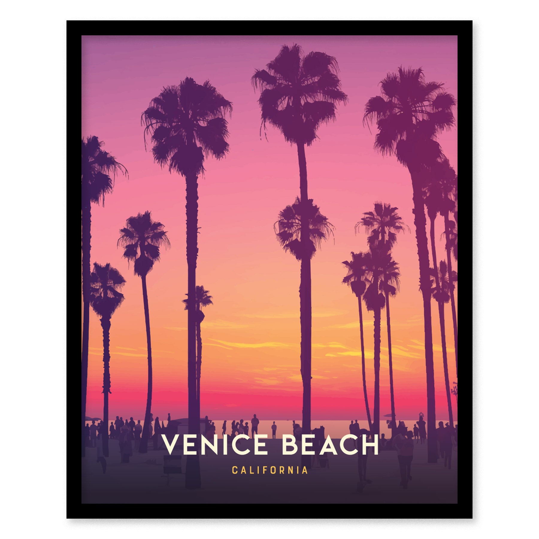 Silhouettes of palm trees and people against a vibrant pink and orange sunset sky, with Venice Beach California text at the bottom. The scene captures a tranquil beach atmosphere.