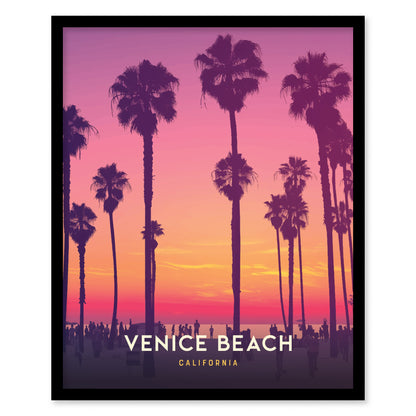 Silhouettes of palm trees and people against a vibrant pink and orange sunset sky, with Venice Beach California text at the bottom. The scene captures a tranquil beach atmosphere.