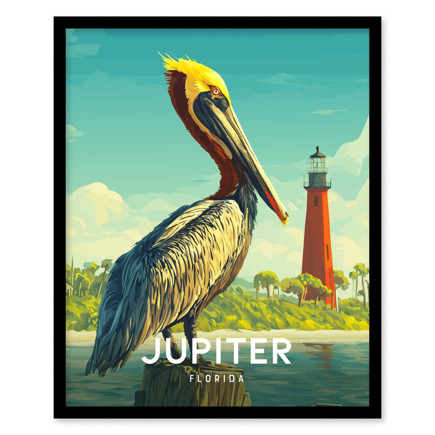 Poster of a pelican and lighthouse with 'Jupiter, Florida' text.