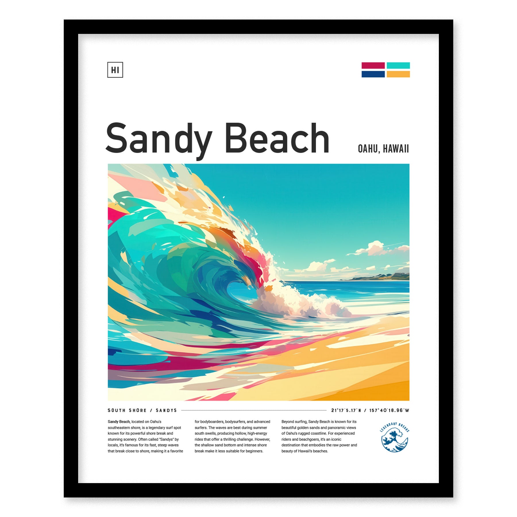 A framed poster titled Sandy Beach features vibrant artwork of a large, colorful wave crashing onto a sandy shore under a clear blue sky. Text below describes the location.