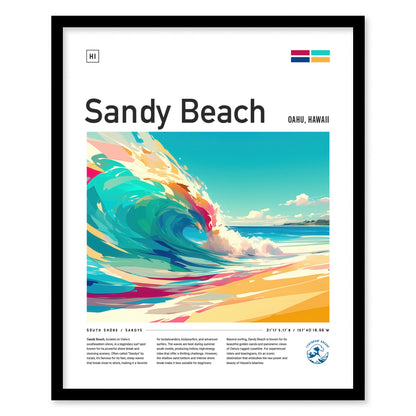 A framed poster titled Sandy Beach features vibrant artwork of a large, colorful wave crashing onto a sandy shore under a clear blue sky. Text below describes the location.