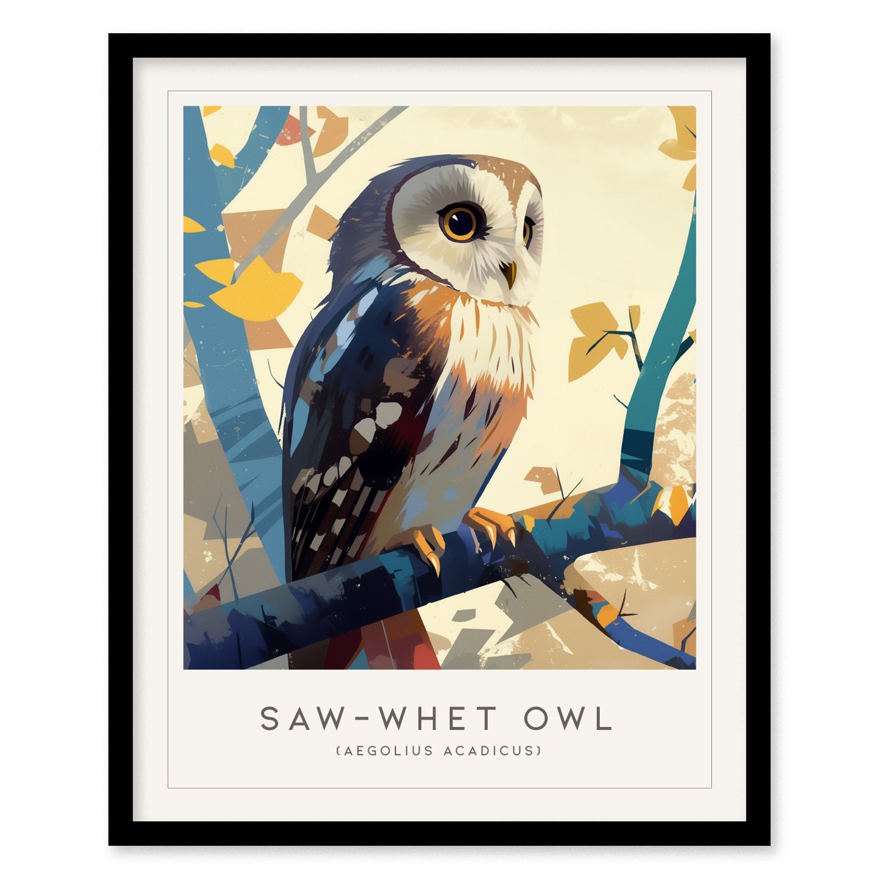 Saw-whet Owl Poster | Northern Forest Bird Art | Cabin Decor