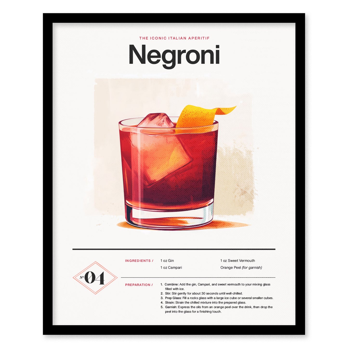 A framed Negroni cocktail poster features an illustration of the drink in a glass with an orange peel garnish. Ingredients and preparation steps are listed below the image.