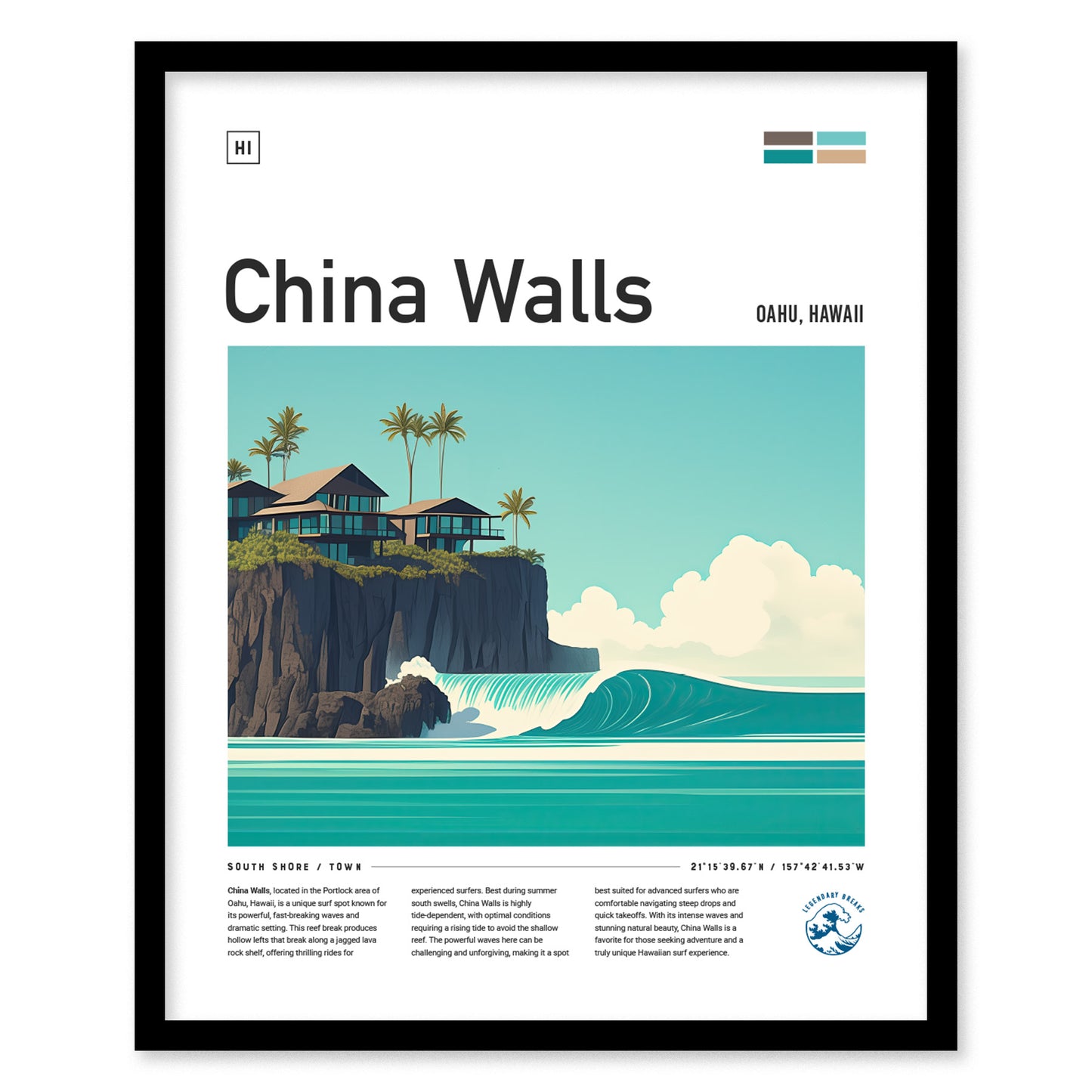 Framed poster featuring a coastal scene with turquoise waves crashing against dark cliffs, topped with palm trees and modern houses, under a clear blue sky.