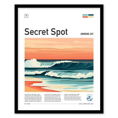 A framed poster titled Secret Spot depicting a vibrant ocean wave under a pastel orange sky. Text below the image describes surf culture and hidden beach locations.