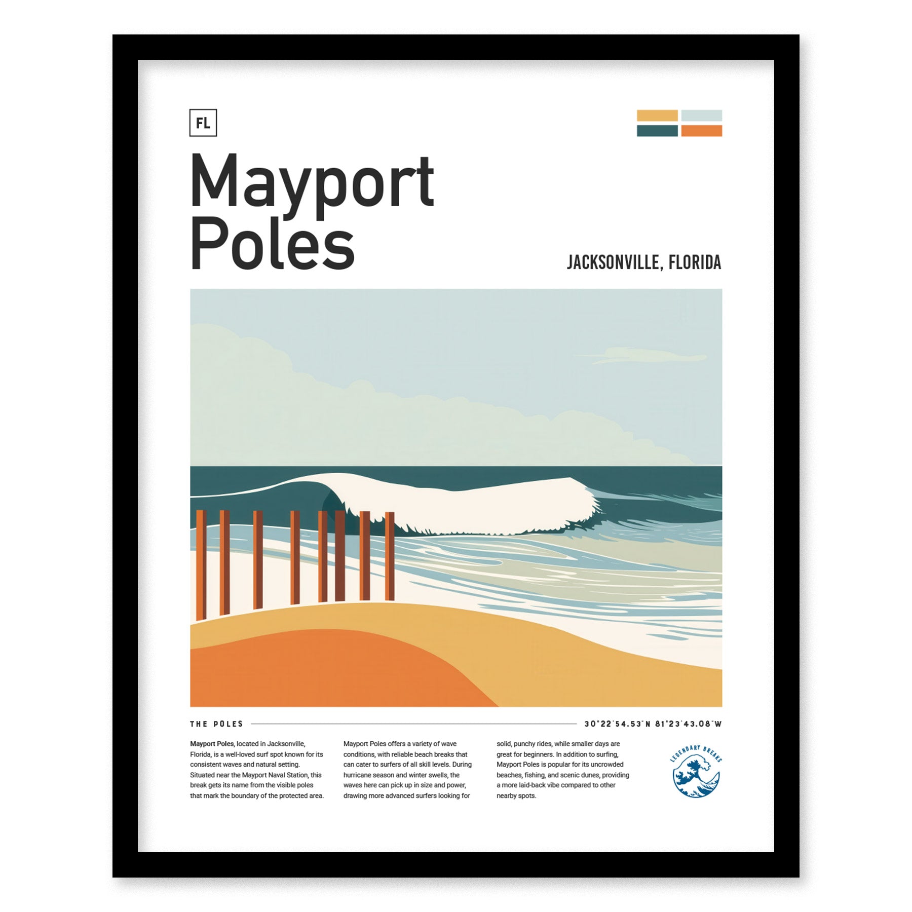 A framed poster titled Mayport Poles features an illustration of waves breaking near wooden poles on a sandy beach in Jacksonville, Florida, with a minimalist design.