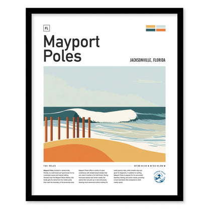 A framed poster titled Mayport Poles features an illustration of waves breaking near wooden poles on a sandy beach in Jacksonville, Florida, with a minimalist design.