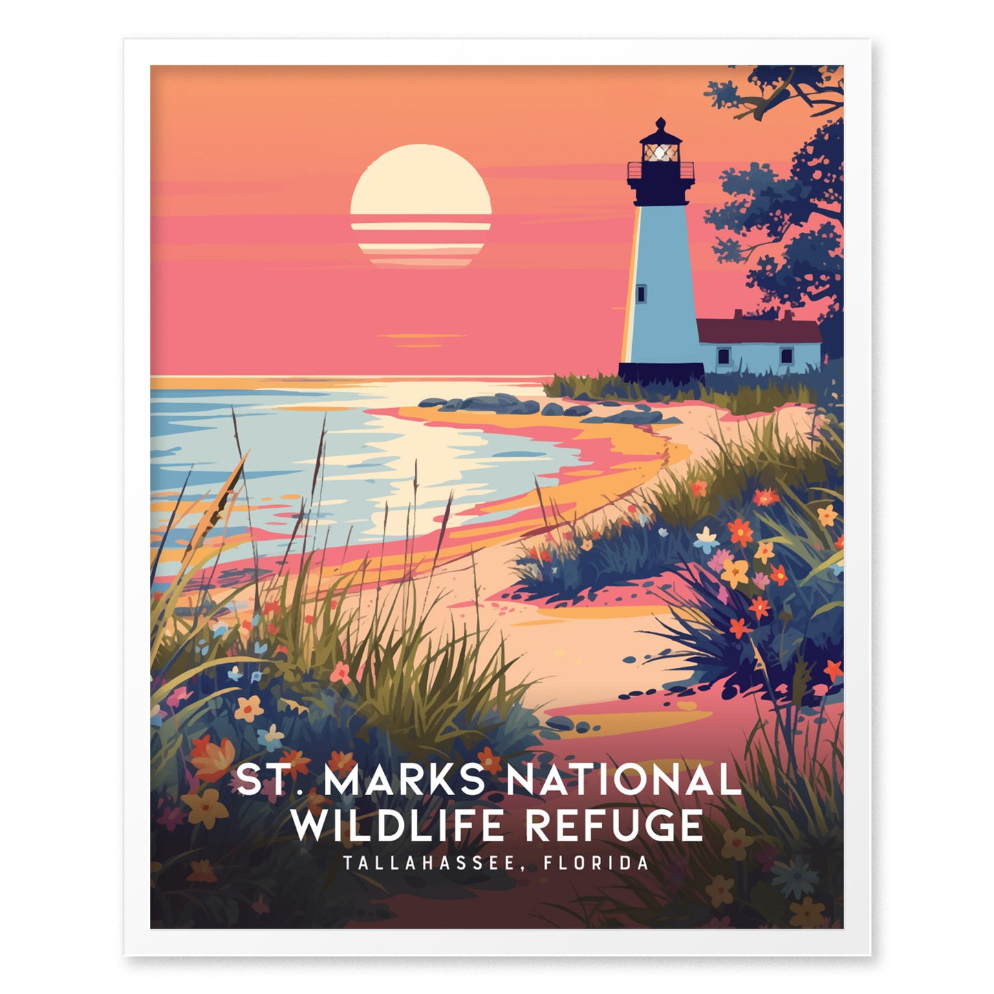 A vintage-style poster of St. Marks National Wildlife Refuge depicts a lighthouse at sunset, surrounded by wildflowers and coastal marshes. The sky is a vivid pink and orange.