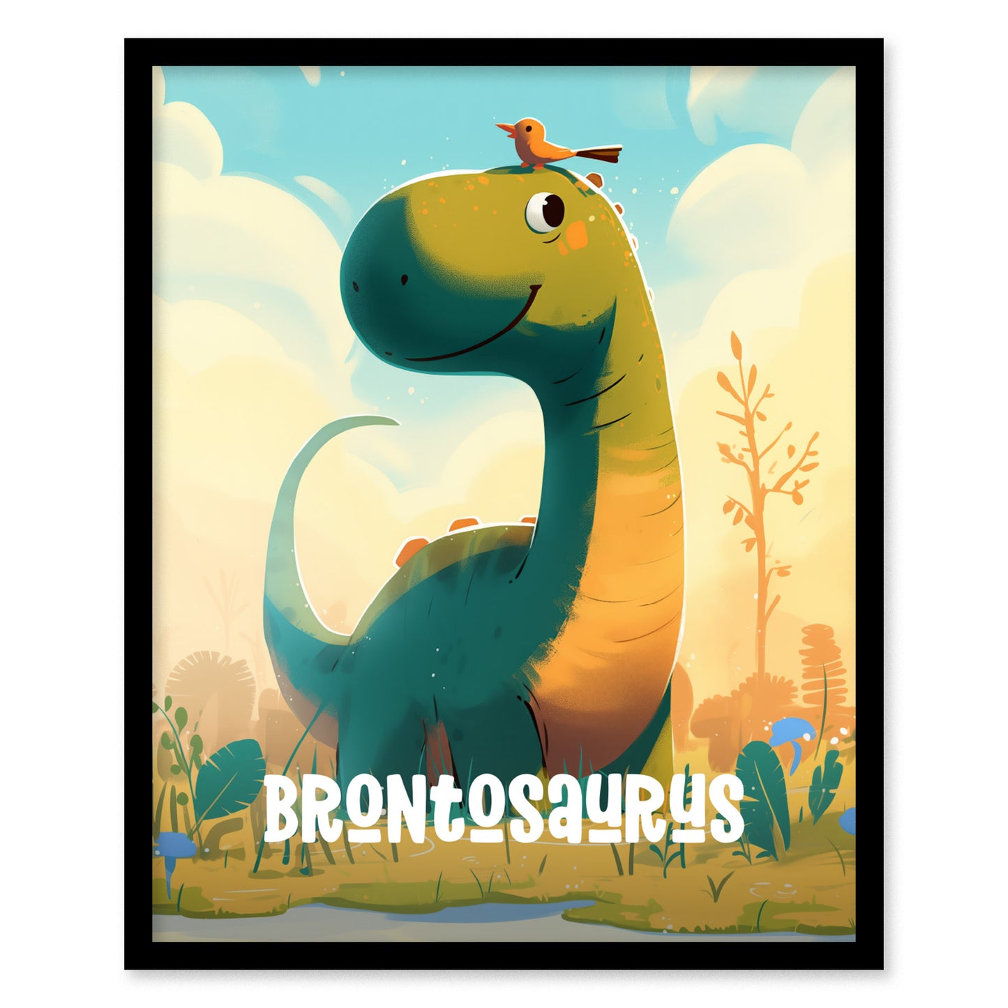 Brontosaurus Cute Dinosaur Poster | Kids Room Nursery Wall Art | Framed or Unframed
