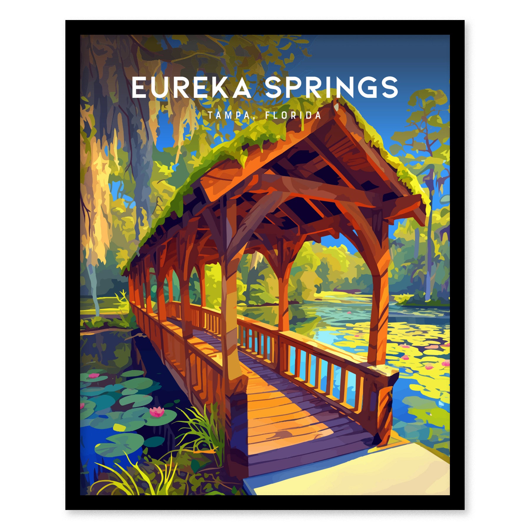 A vibrant illustration of a covered wooden bridge over a serene stream, surrounded by lush greenery and water lilies, with the text Eureka Springs, Tampa Florida at the top.