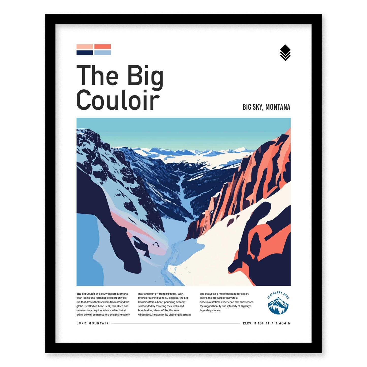 A framed poster titled The Big Couloir features a vibrant illustration of a steep, snow-covered ski run in Big Sky, Montana, surrounded by rugged mountains under a clear blue sky.