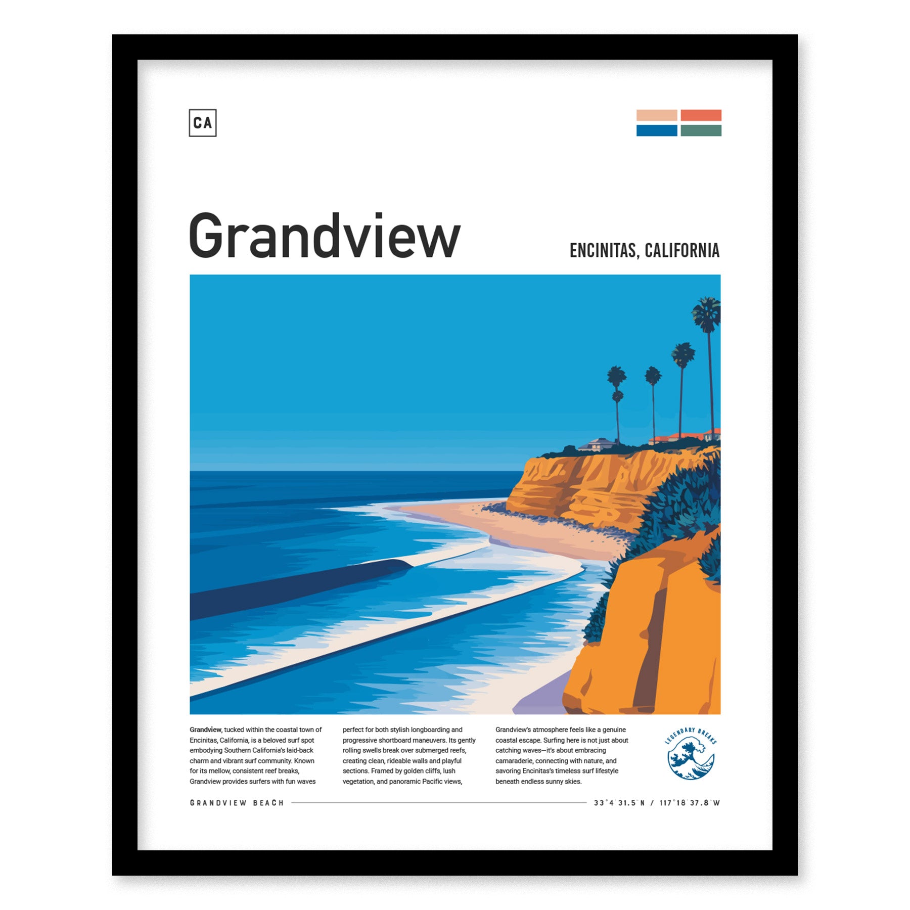 Grandview Surf Spot Poster | Encinitas California Surfer Wall Art