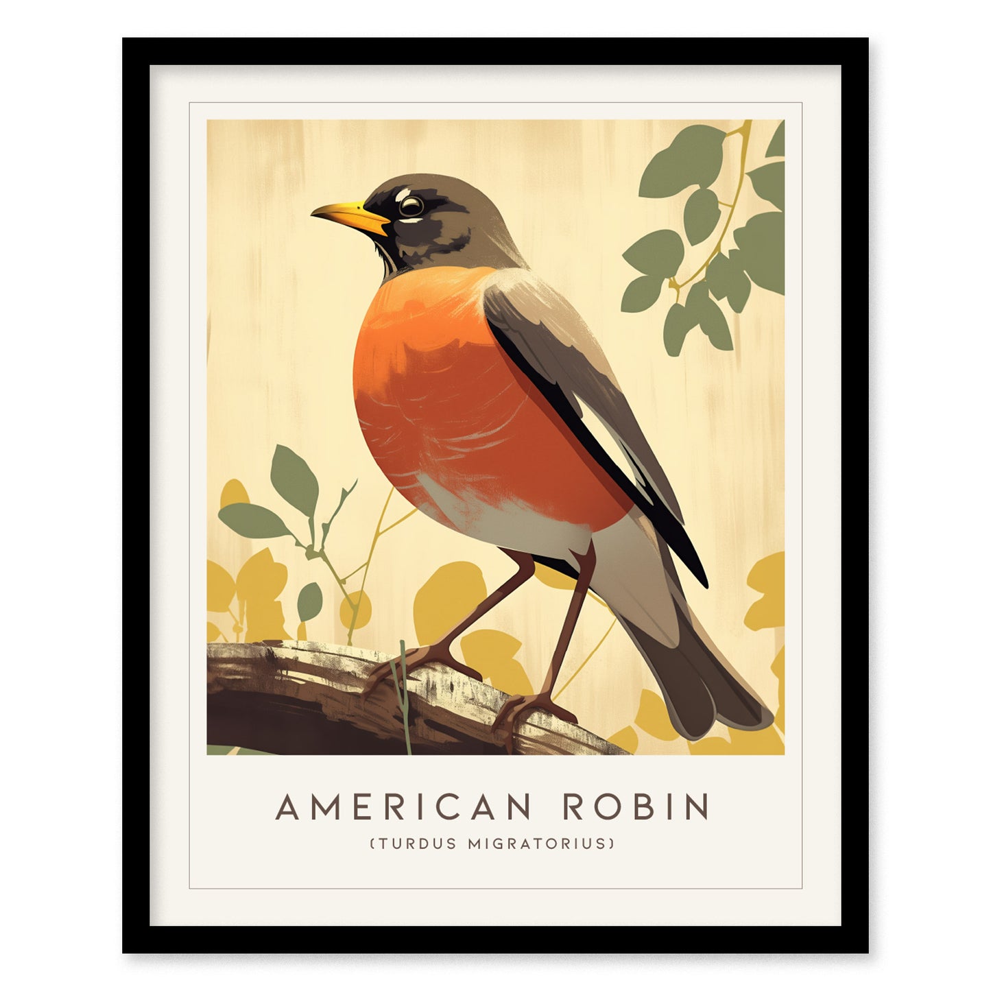 Illustrated American Robin with a red breast perched on a branch, surrounded by stylized leaves. The background is soft and neutral, framed with the text American Robin below.