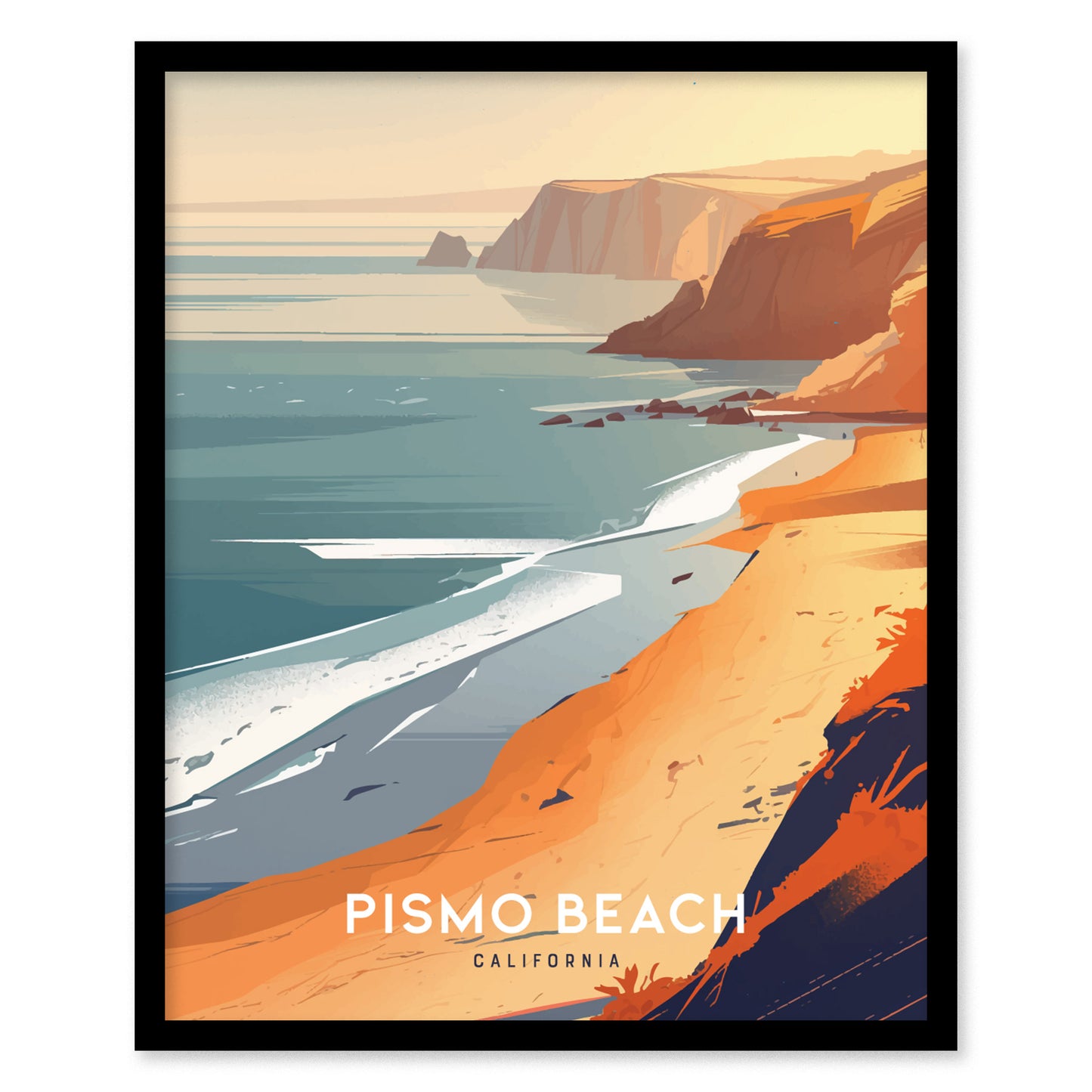 A vibrant illustration of Pismo Beach features dramatic sea cliffs, expansive sandy shores, and gentle ocean waves under a warm, colorful sky. Text reads Pismo Beach, California.