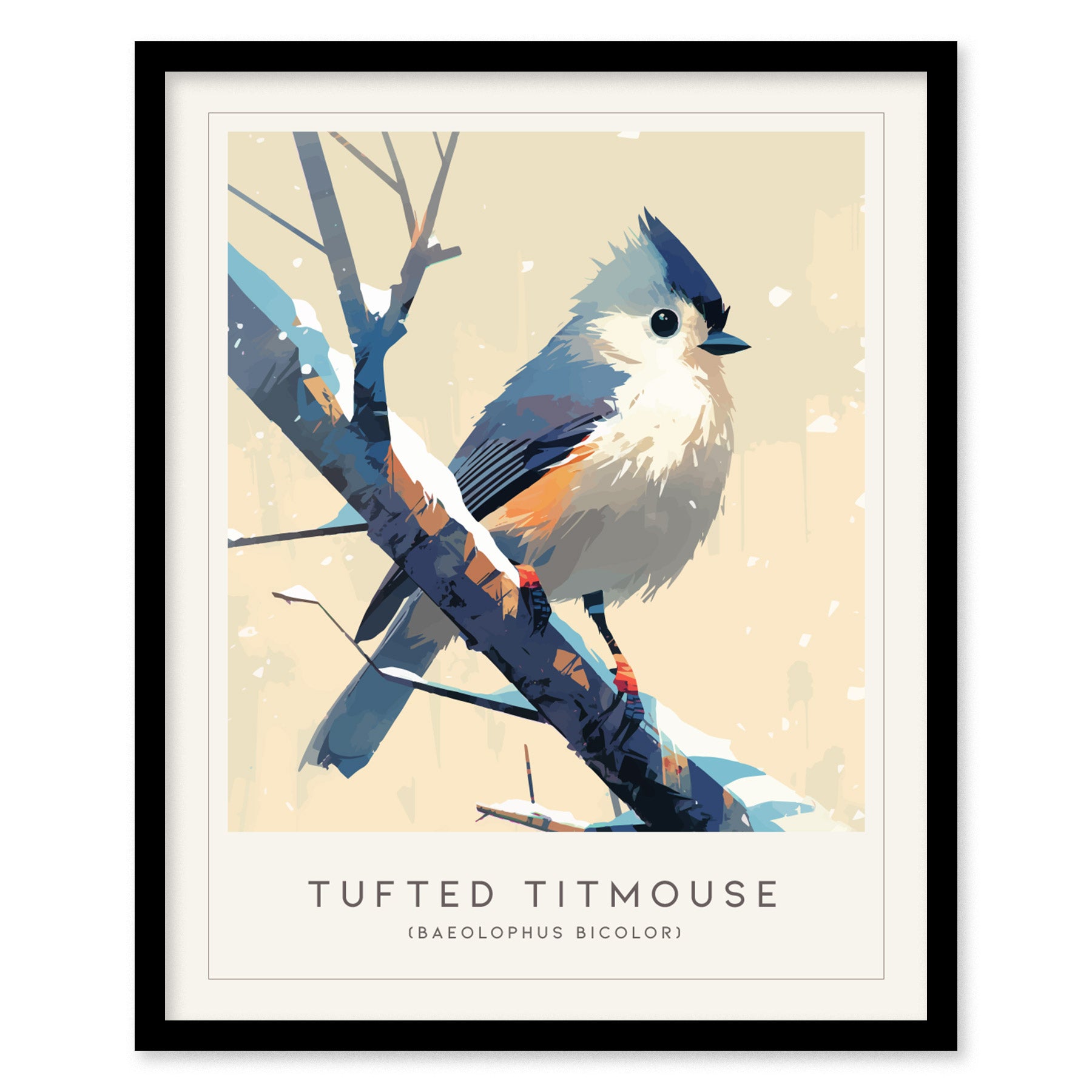 A stylized illustration of a tufted titmouse perched on a branch against a light background. The bird features gray and white plumage with a distinctive crest, complemented by subtle orange accents. Framed with the title below.