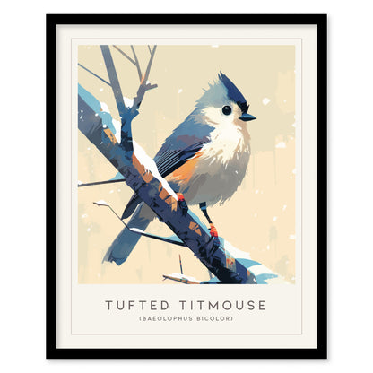 A stylized illustration of a tufted titmouse perched on a branch against a light background. The bird features gray and white plumage with a distinctive crest, complemented by subtle orange accents. Framed with the title below.