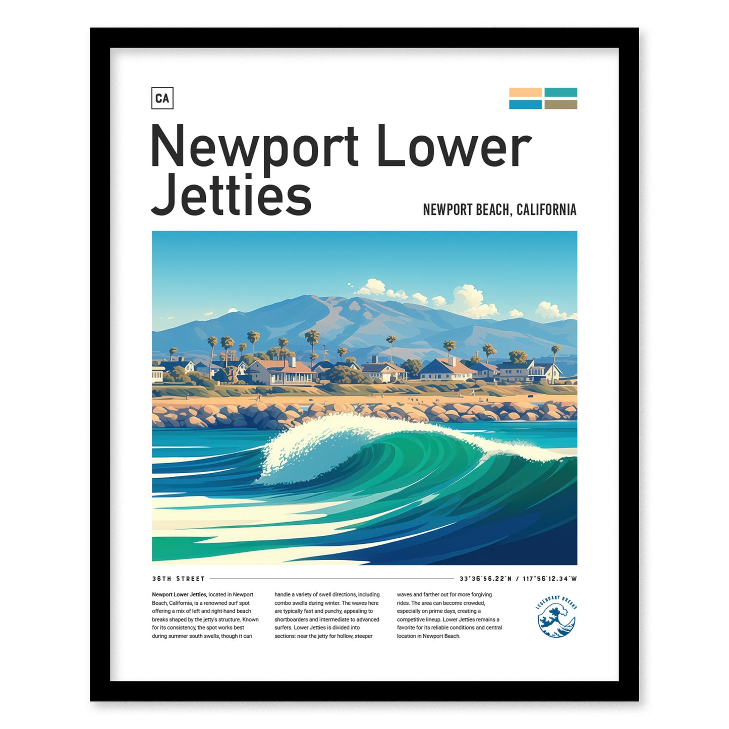 A framed poster titled Newport Lower Jetties features an illustration of a coastal scene with waves, palm trees, and distant mountains. The design captures the essence of Newport Beach, California.