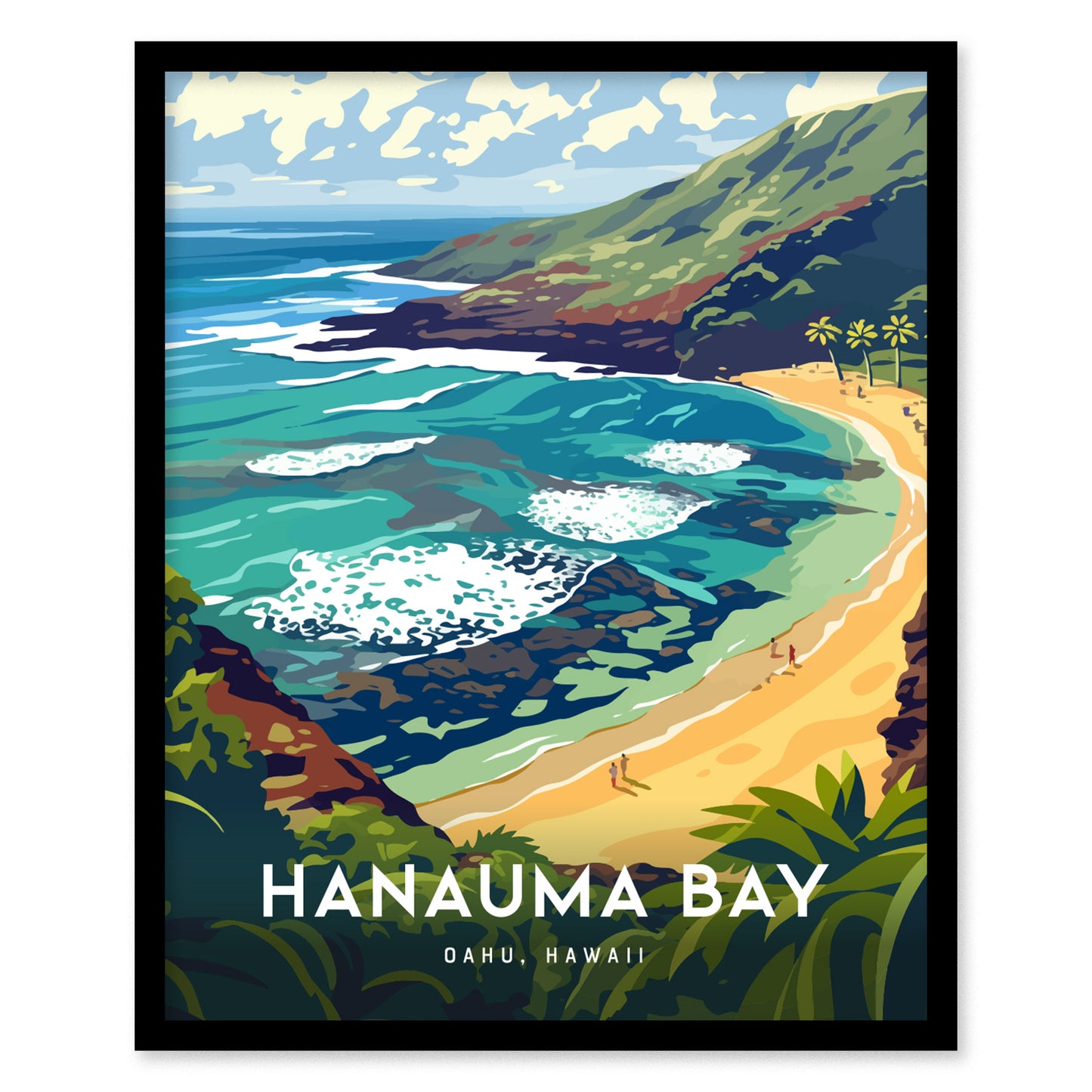 Hanauma Bay Framed Poster, Oahu Snorkeling Beach Wall Art, Hawaii Diving Travel Print, Hawaiian Tropical Home Decor