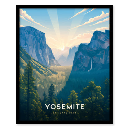 Framed artwork of Yosemite National Park with mountains and trees.
