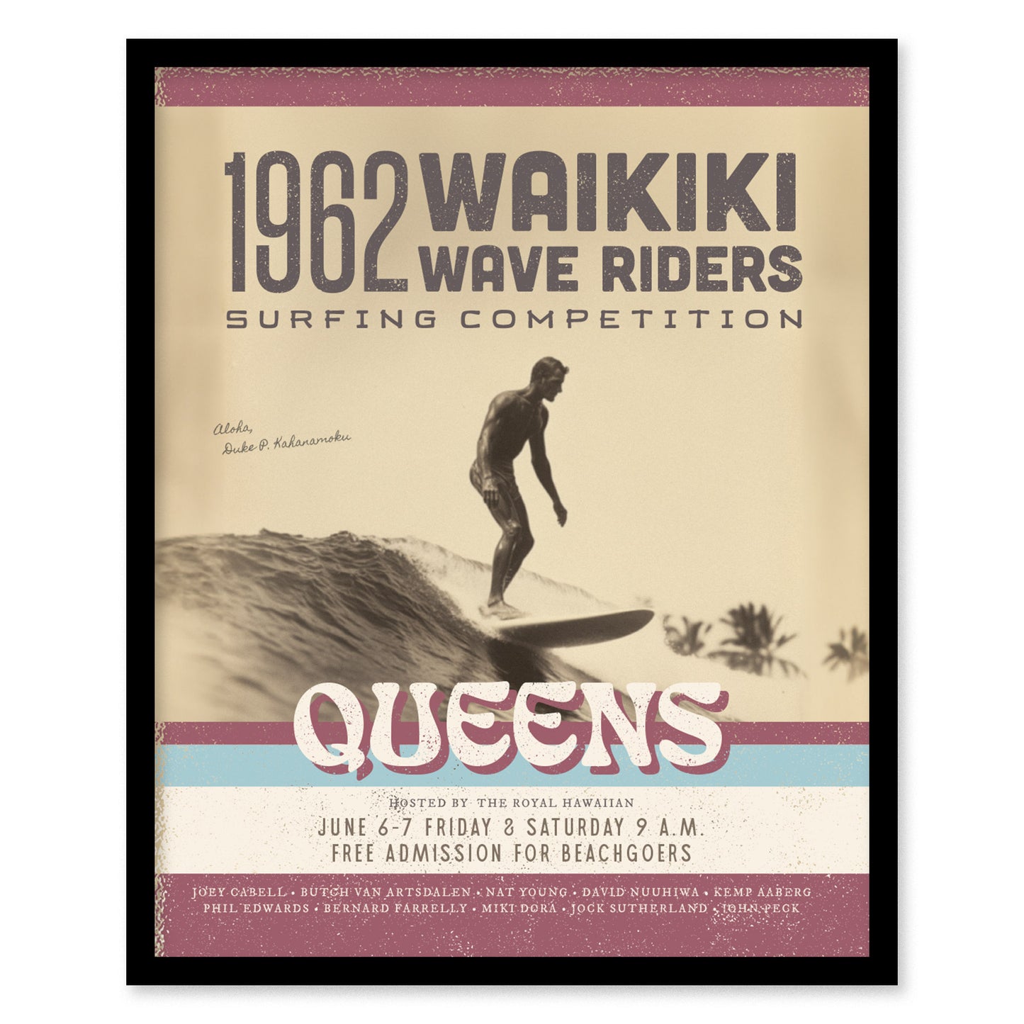 Vintage 1962 Waikiki Wave Riders poster featuring a surfer on a wave, retro typography, and weathered design. Text highlights a surfing competition at Queens, hosted by The Royal Hawaiian.