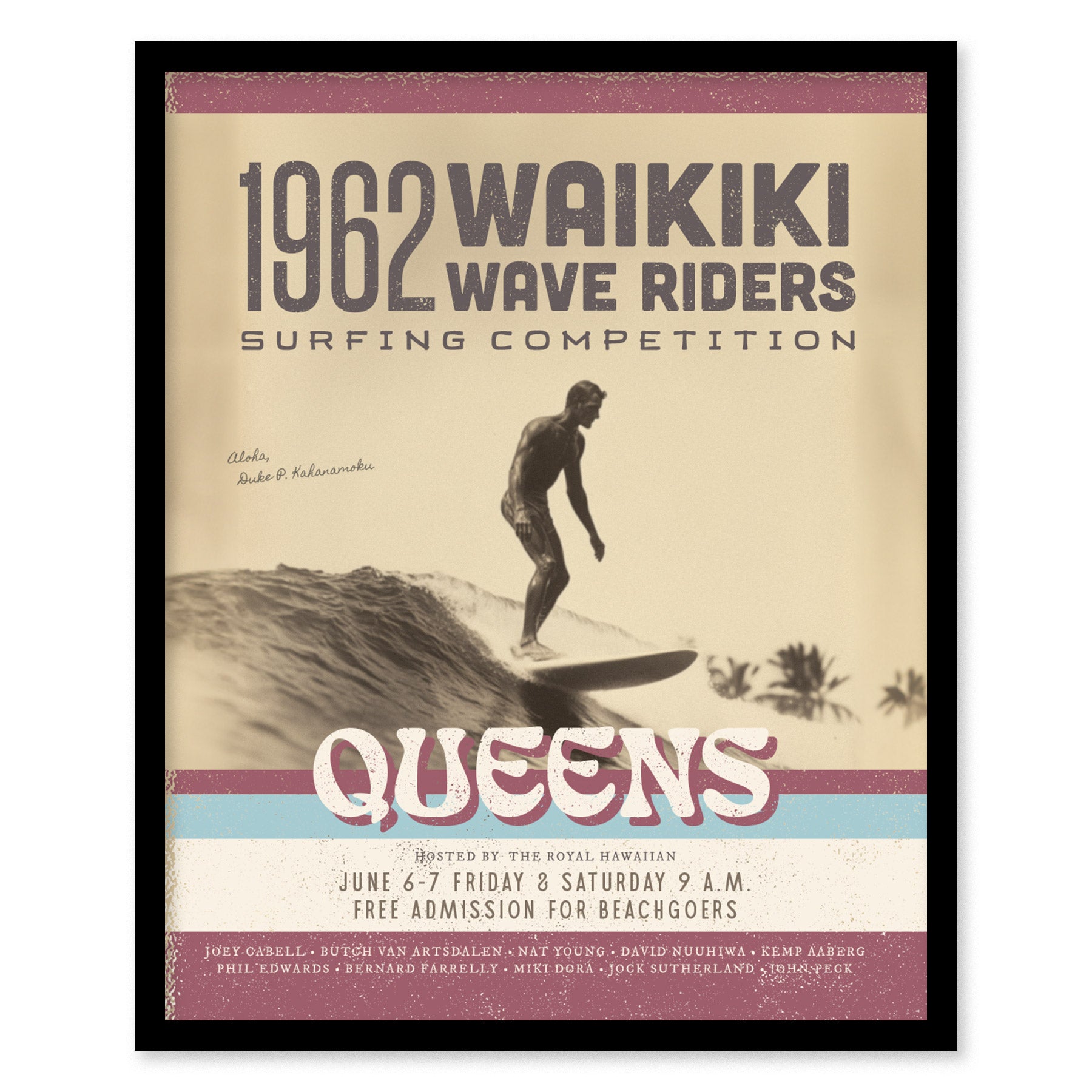 Vintage 1962 Waikiki Wave Riders poster featuring a surfer on a wave, retro typography, and weathered design. Text highlights a surfing competition at Queens, hosted by The Royal Hawaiian.