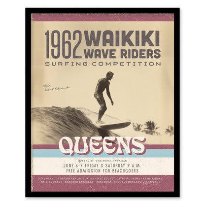 Vintage 1962 Waikiki Wave Riders poster featuring a surfer on a wave, retro typography, and weathered design. Text highlights a surfing competition at Queens, hosted by The Royal Hawaiian.