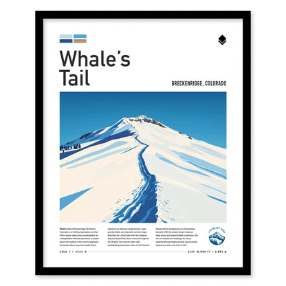 Framed poster of Whales Tail in Breckenridge, Colorado, featuring a stylized snowy mountain ridge under a clear blue sky with text detailing the ski run.