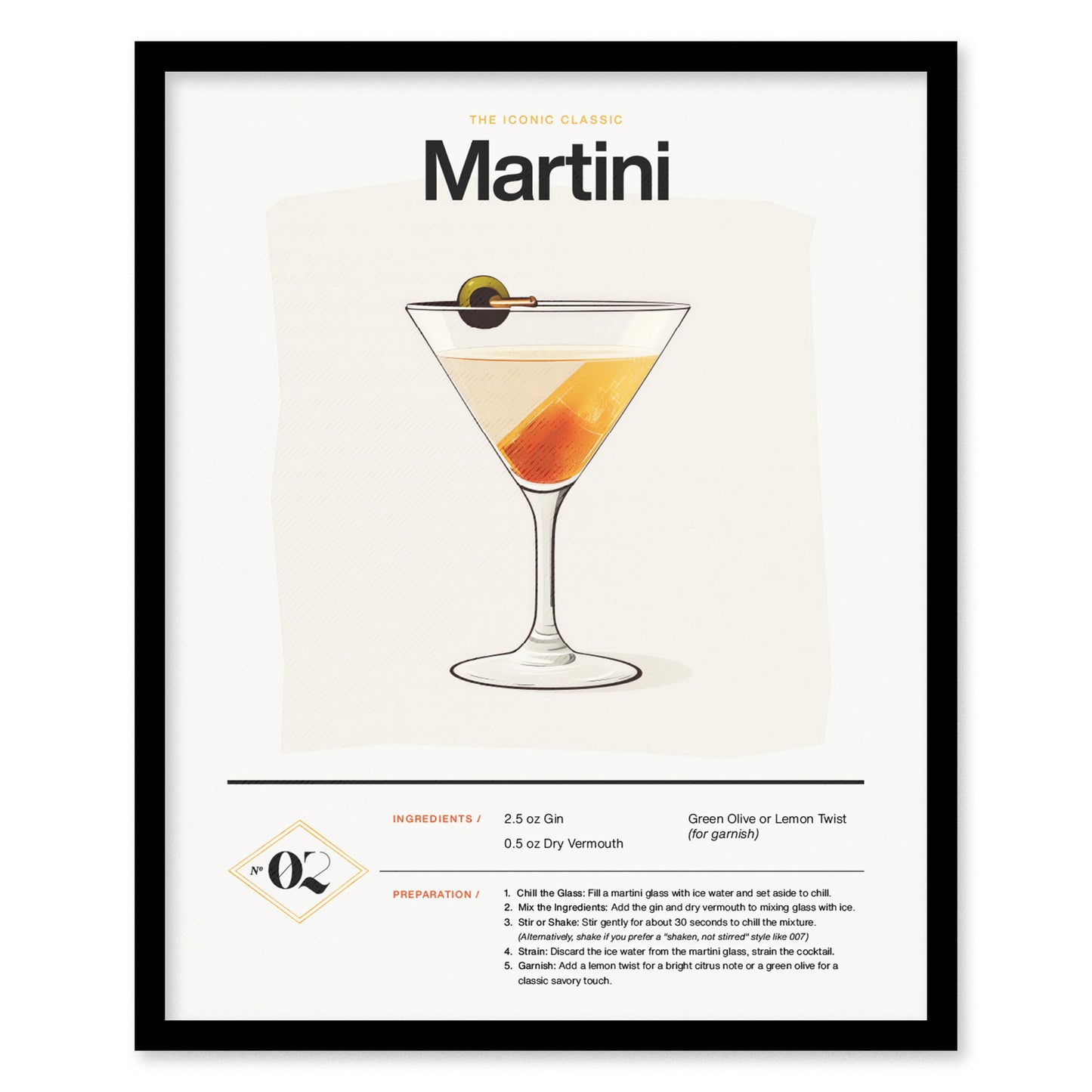 A framed martini cocktail poster features an illustration of a martini glass with an olive garnish. Below, the classic dry martini recipe includes ingredients and preparation steps.
