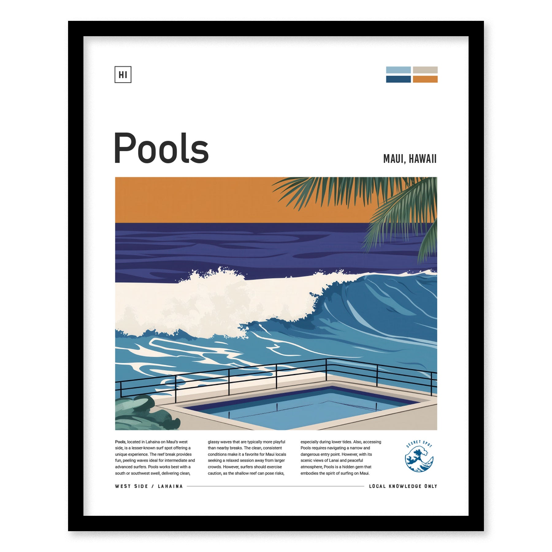 Framed poster featuring a stylized illustration of a wave crashing near a man-made pool in Lahaina, Maui. Palm leaves and a vibrant orange sky complete the tropical scene.
