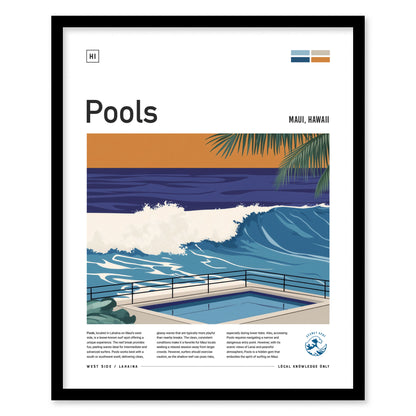 Framed poster featuring a stylized illustration of a wave crashing near a man-made pool in Lahaina, Maui. Palm leaves and a vibrant orange sky complete the tropical scene.