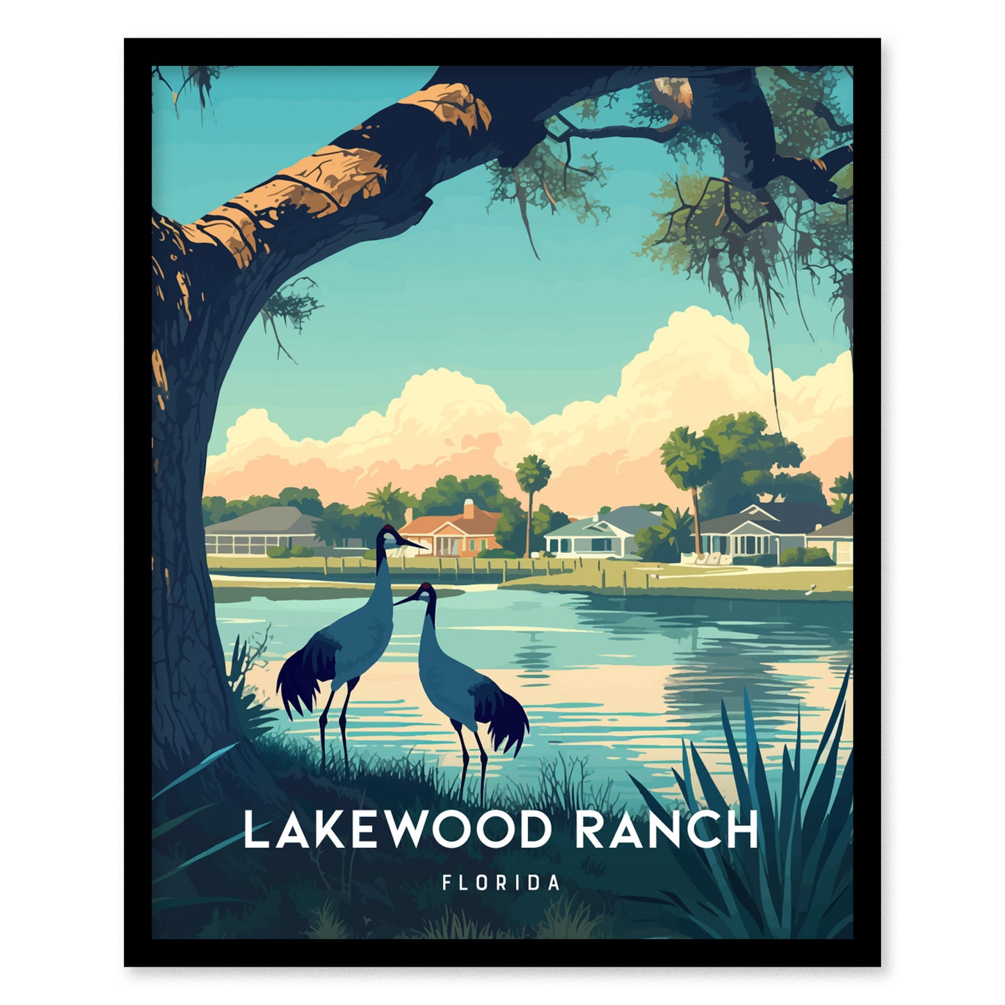 Illustration of two cranes by a lakeside under a large tree, with houses and palm trees in the background, labeled Lakewood Ranch Florida.