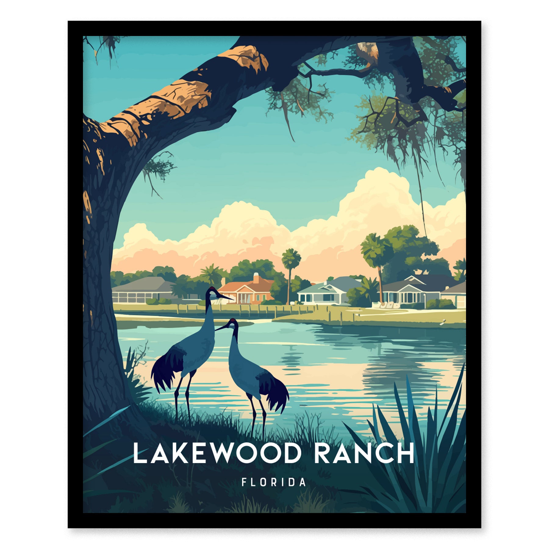 Illustration of two cranes by a lakeside under a large tree, with houses and palm trees in the background, labeled Lakewood Ranch Florida.