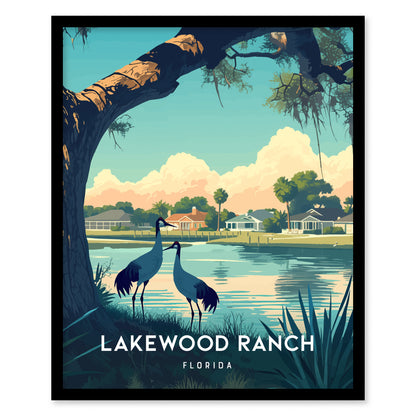 Illustration of two cranes by a lakeside under a large tree, with houses and palm trees in the background, labeled Lakewood Ranch Florida.