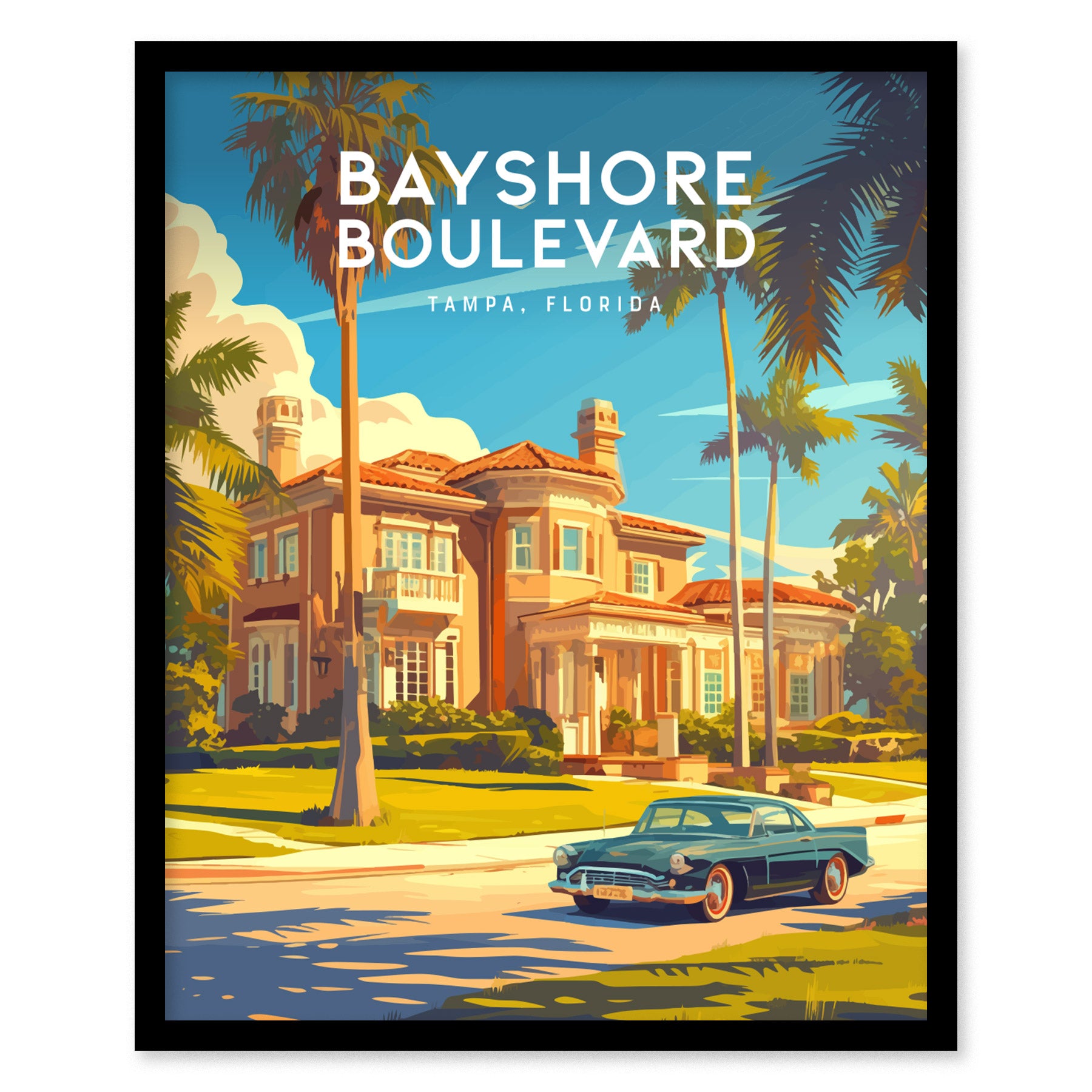 A vintage car drives past a grand, palm-lined mansion under a clear blue sky on Bayshore Boulevard in Tampa, Florida. The scene is depicted in a colorful, artistic style.