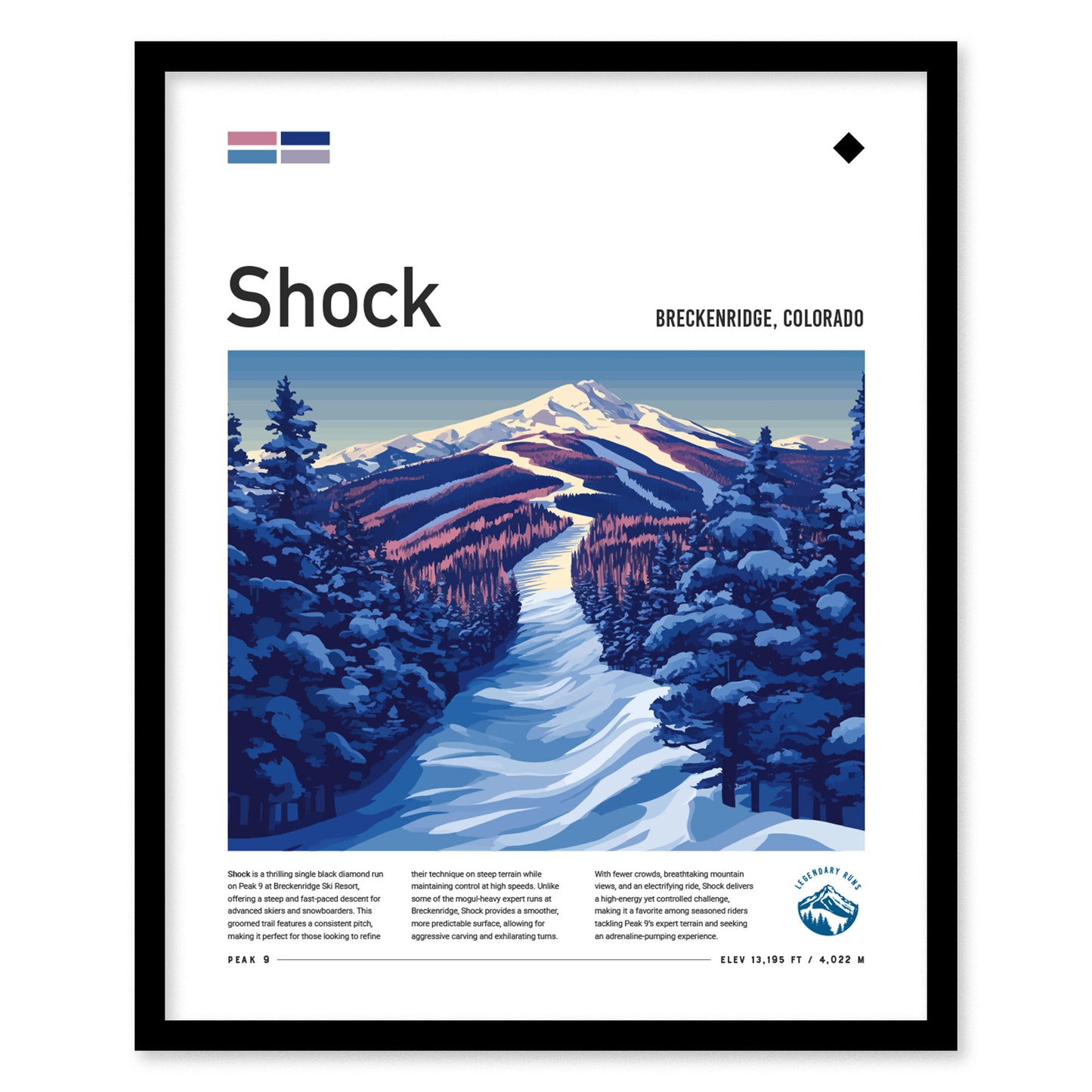 Framed poster featuring a stylized illustration of a snow-covered ski run at Breckenridge, Colorado, flanked by evergreen trees with a mountain backdrop under a twilight sky.