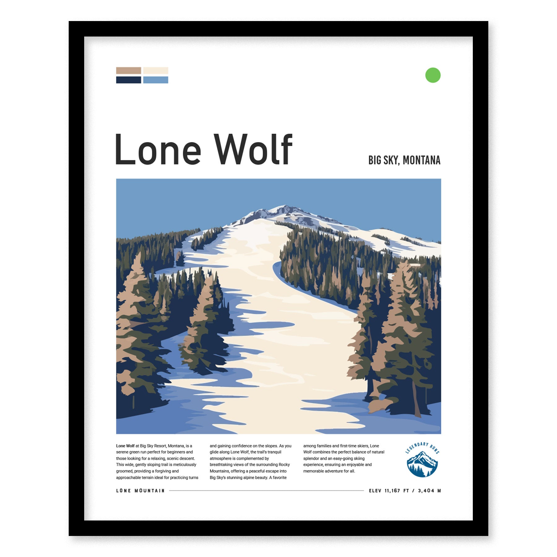 Framed poster depicting a snowy ski run labeled Lone Wolf at Big Sky, Montana, with pine trees and Lone Mountain in the background under a clear blue sky.