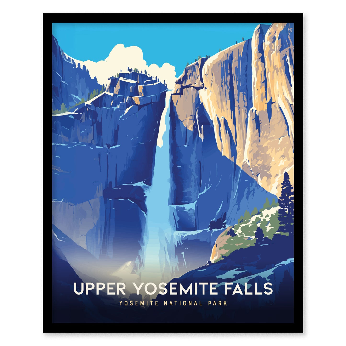 Illustrated poster of Upper Yosemite Falls, featuring a cascading waterfall between towering granite cliffs under a bright blue sky. The text reads Upper Yosemite Falls, Yosemite National Park.