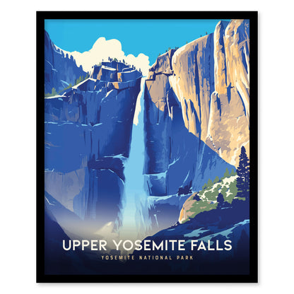 Illustrated poster of Upper Yosemite Falls, featuring a cascading waterfall between towering granite cliffs under a bright blue sky. The text reads Upper Yosemite Falls, Yosemite National Park.