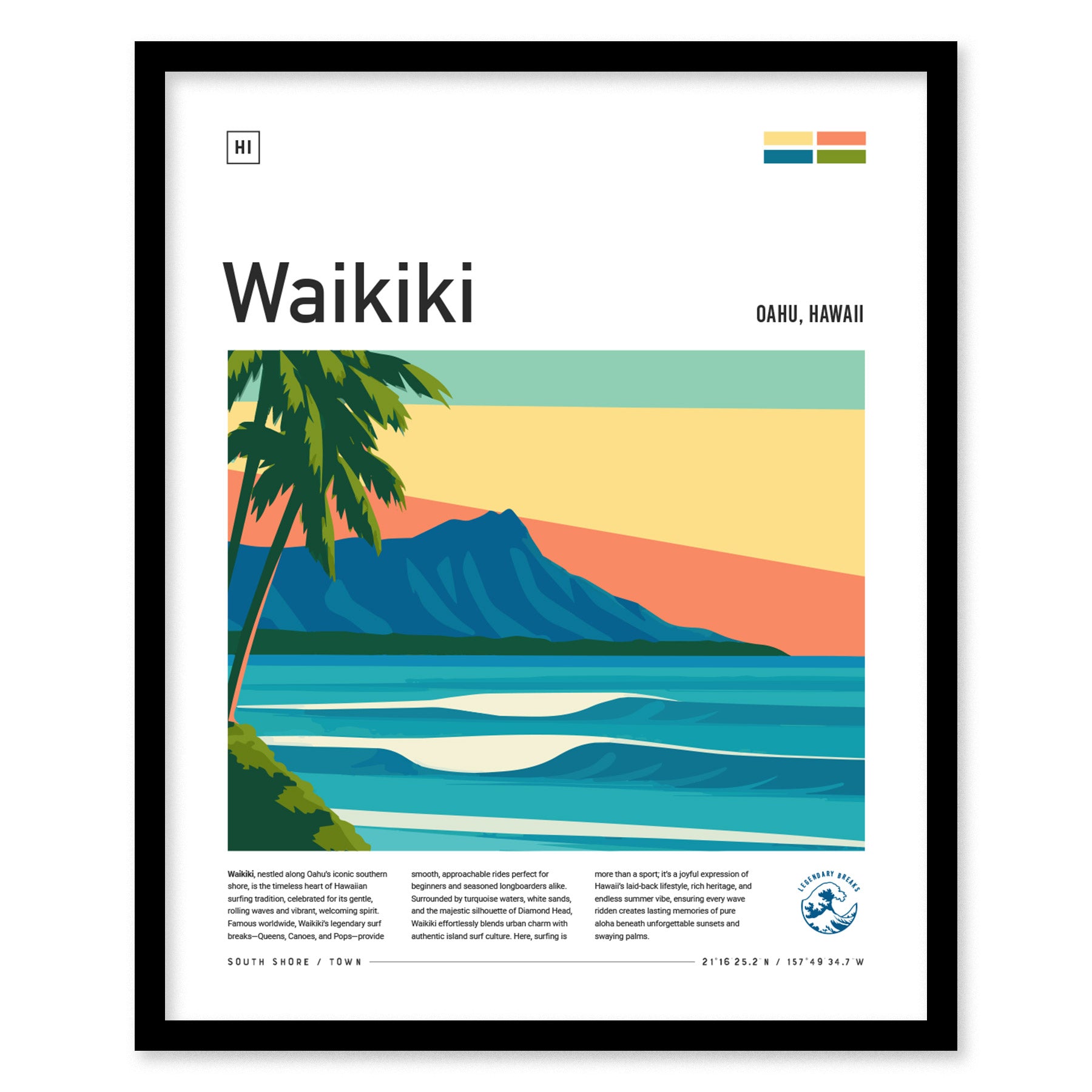 Waikiki Poster | Hawaii Surfer Art | Honolulu Oahu Diamond Head