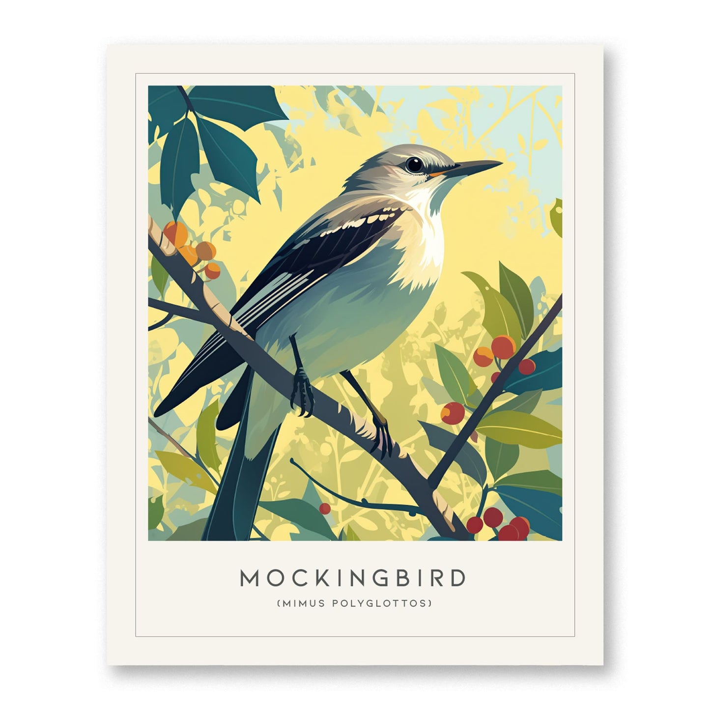 Mockingbird Songbird Modern Framed Wall Art | Cottagecore Minimalist Nature Wildlife Poster | Audubon Scientific Print | Bird Lover Farm House Decor