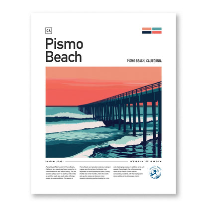 Pismo Beach Pier Surf Spot Framed Poster | Central Coast California Surfer Wall Art | CA Travel Print Modern Wave Design Surfing Gift