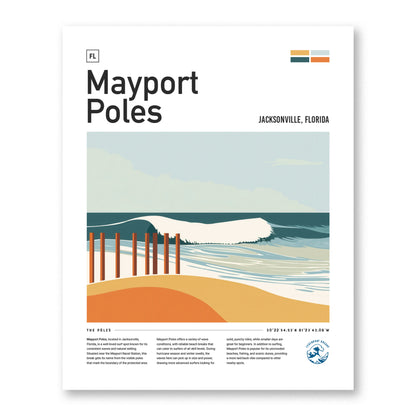 Illustrated poster of Mayport Poles in Jacksonville, Florida, featuring a stylized wave and wooden poles on a beach. Text details the surf spots features.