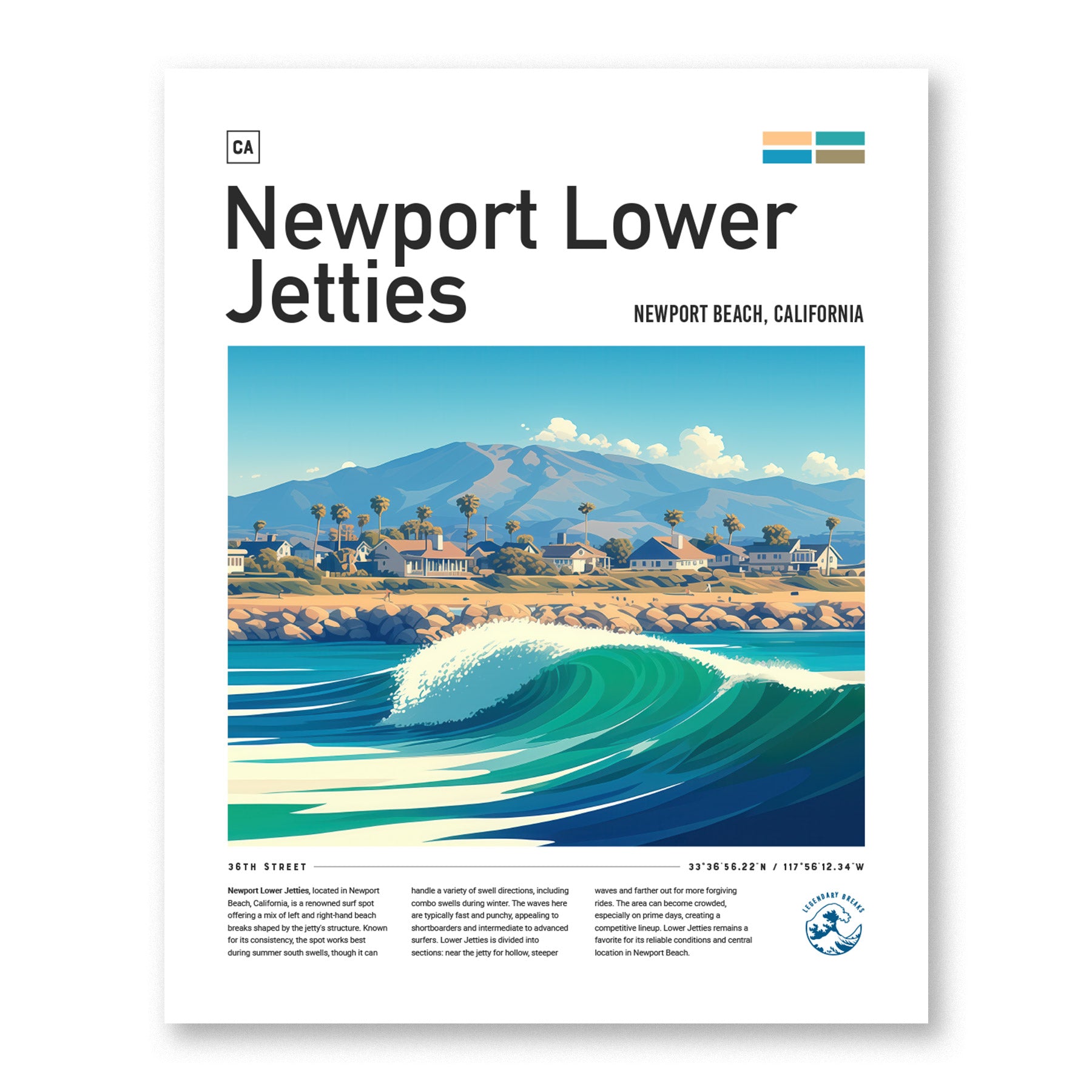 Illustrated poster of Newport Lower Jetties featuring a vibrant wave, coastal homes, and palm trees against a mountainous backdrop under a clear blue sky. Text includes location details.