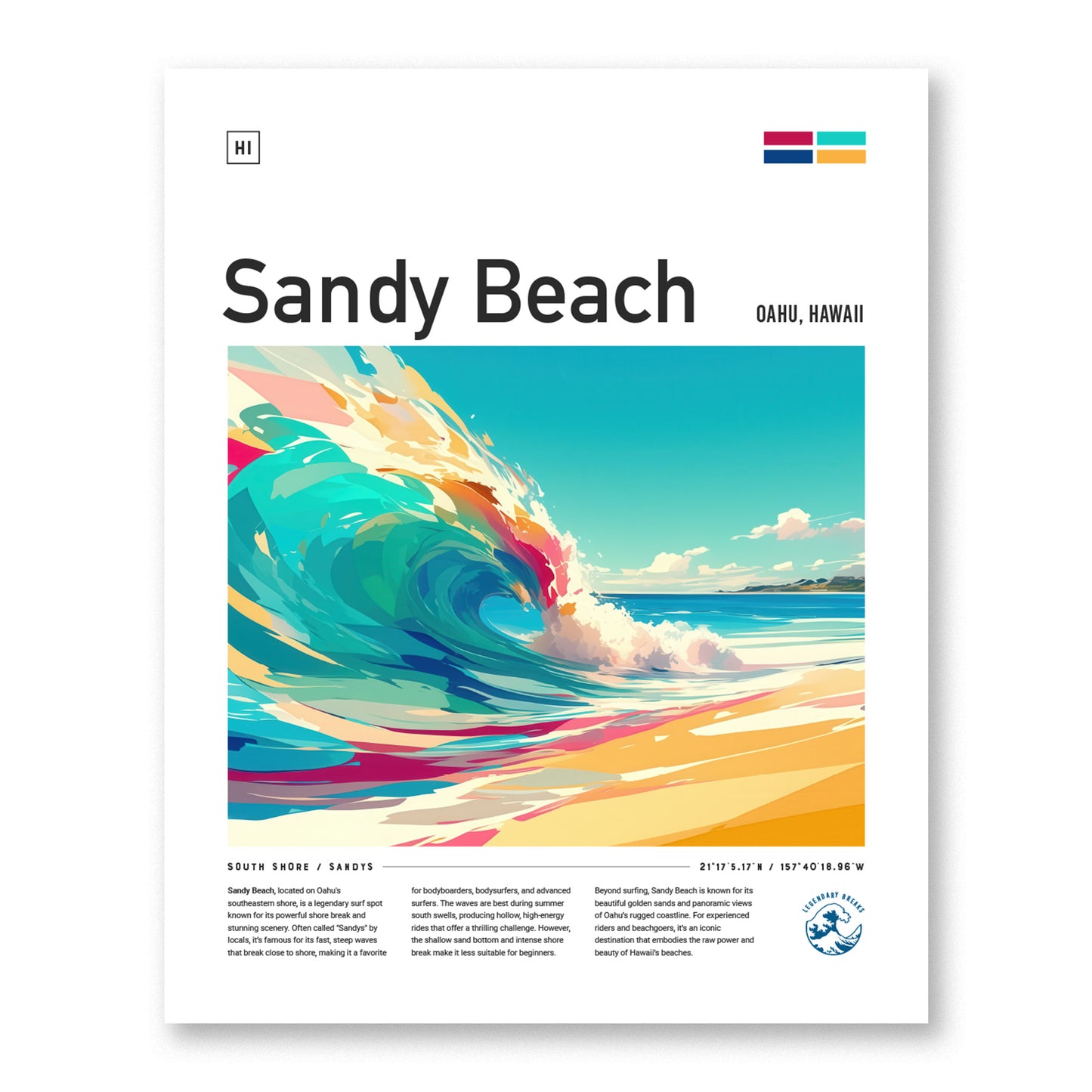 A vibrant illustration of a powerful wave crashing on Sandy Beach, Oahu, with colorful swirls and a clear blue sky. The poster includes text details about the location.