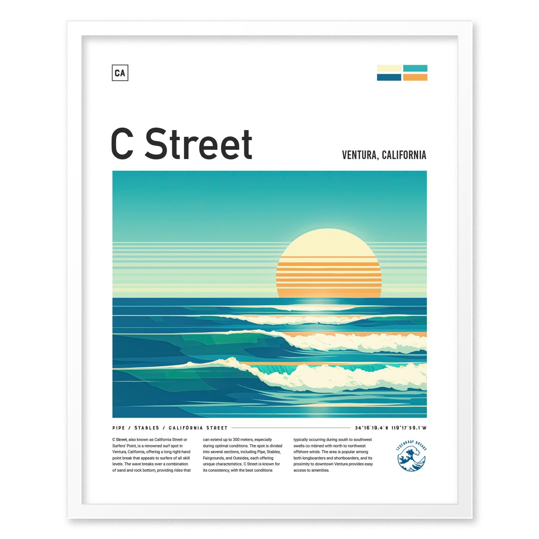 C Street Ventura California Surf Spot Framed Poster | CA Beach Surfing Wave Wall Art | Minimal Design Surfer Travel Print - Swell Scenes