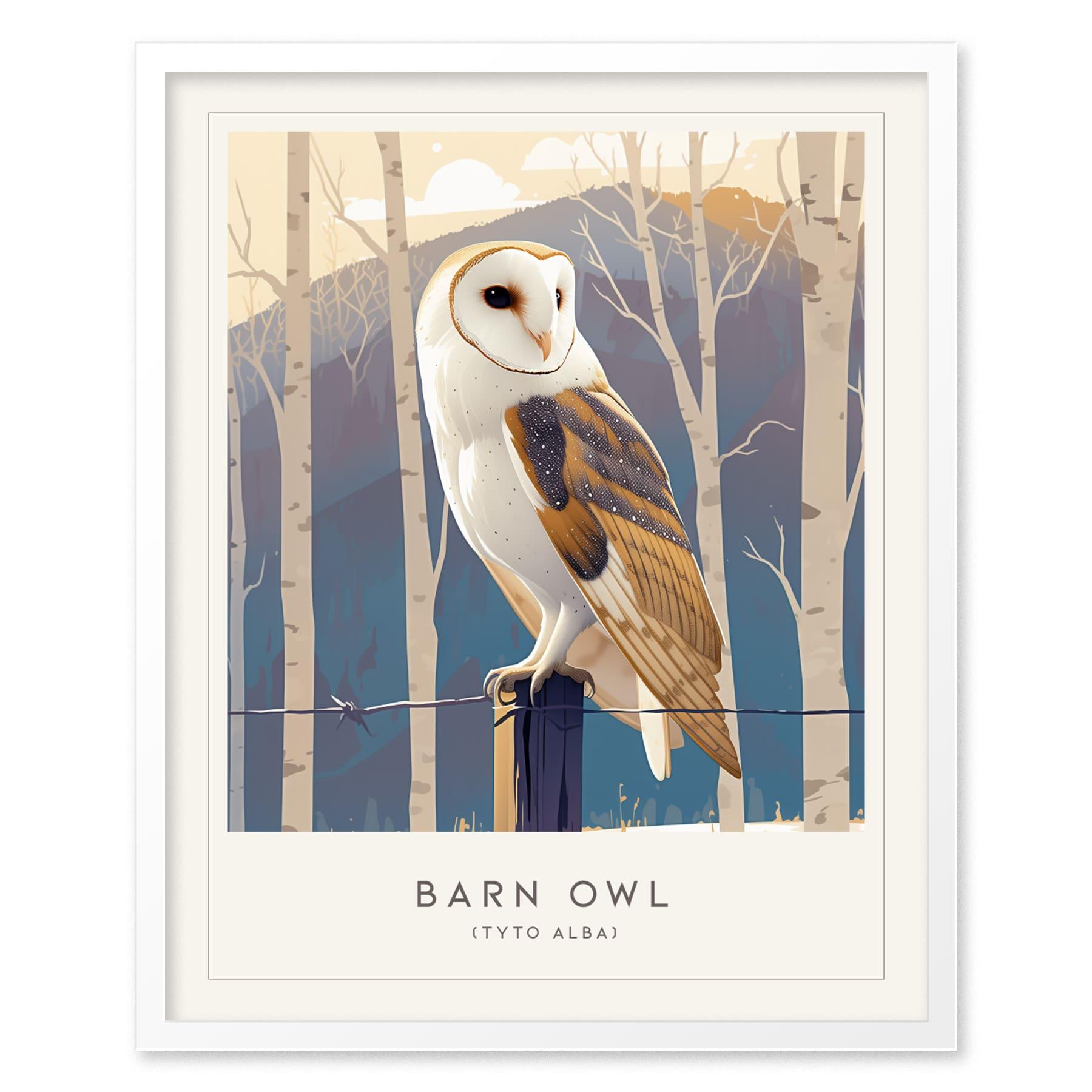 Barn Owl Bird Lover Modern Framed Wall Art | Cottagecore Audubon Wildlife Poster | Rustic Farm House Nature Decor | Cozy Cabin Winter Snow Print - Swell Scenes
