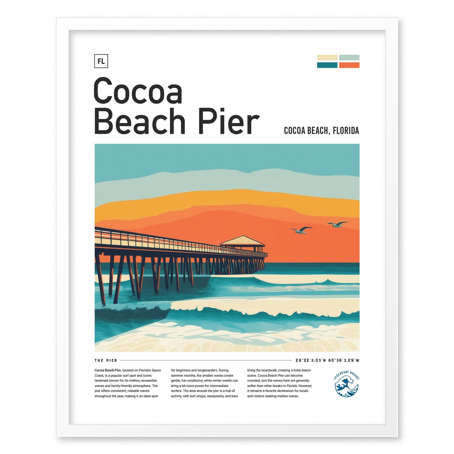 Cocoa Beach Pier Florida Surf Spot Framed Poster | Ron Jon Wave FL Travel Print | Kelly Slater Surfing Beach House Decor | Minimalist Design Surfer Gift