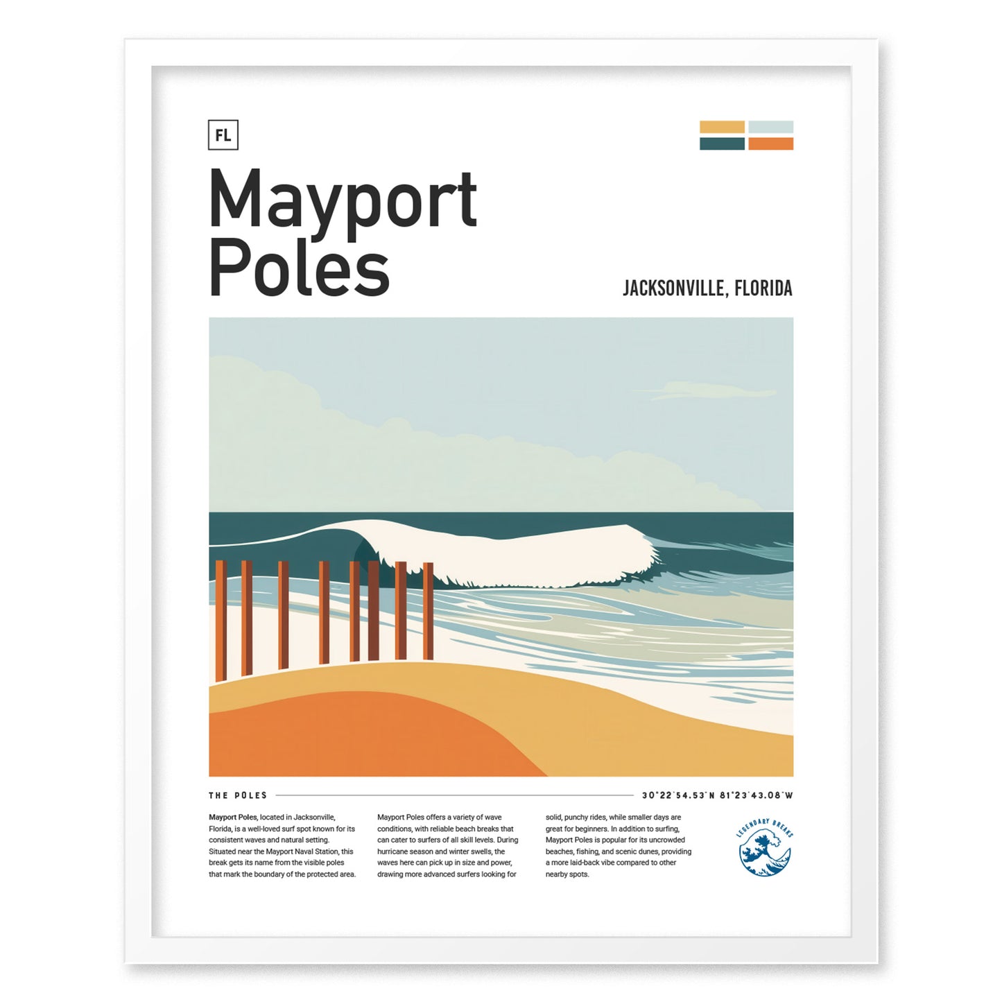 Framed poster featuring an illustration of a wave breaking near wooden poles on a beach, with text Mayport Poles and Jacksonville, Florida. The design is in a clean, modern style.