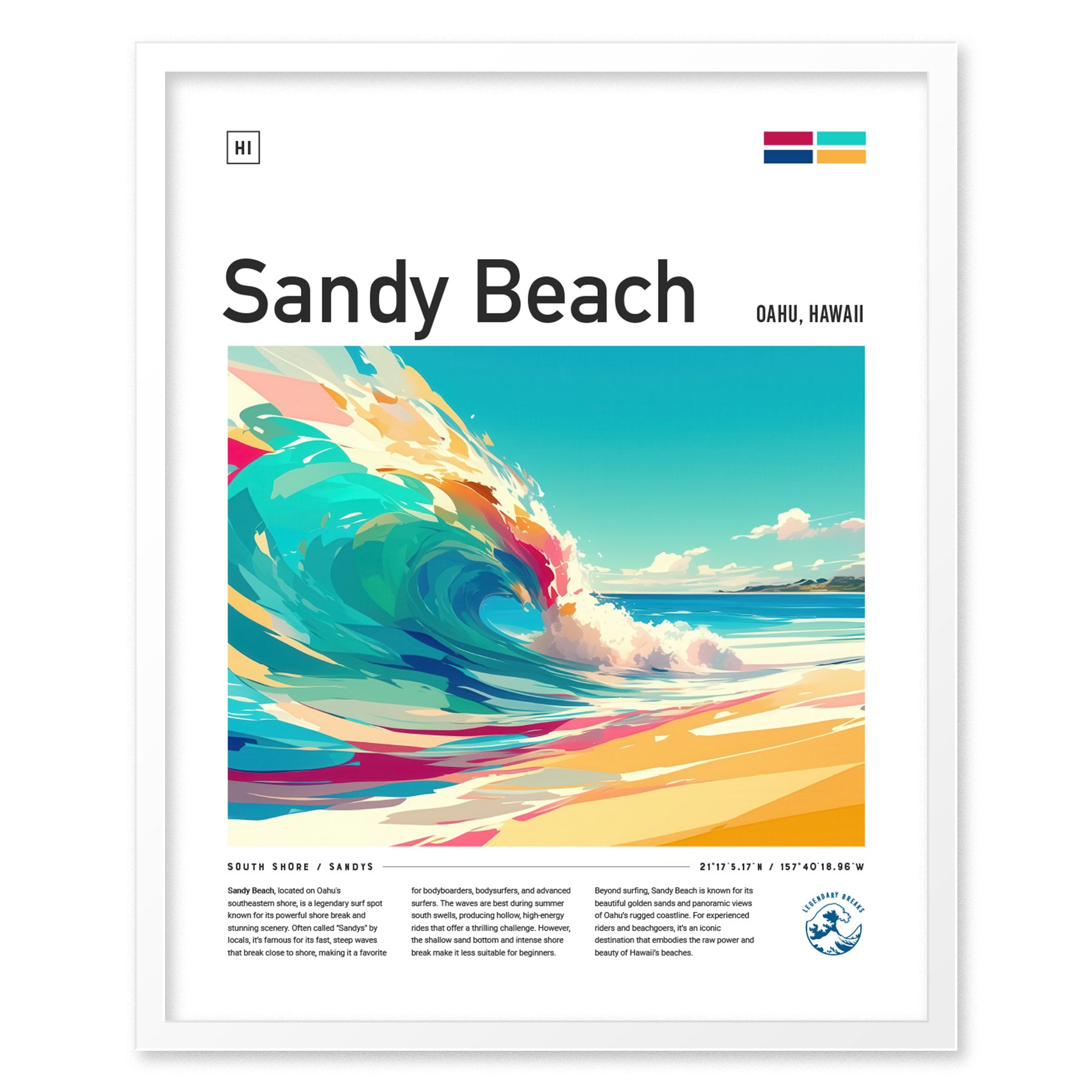 A vibrant poster depicting a large, colorful wave crashing onto a sandy beach under a bright blue sky, labeled Sandy Beach, Oahu, Hawaii.