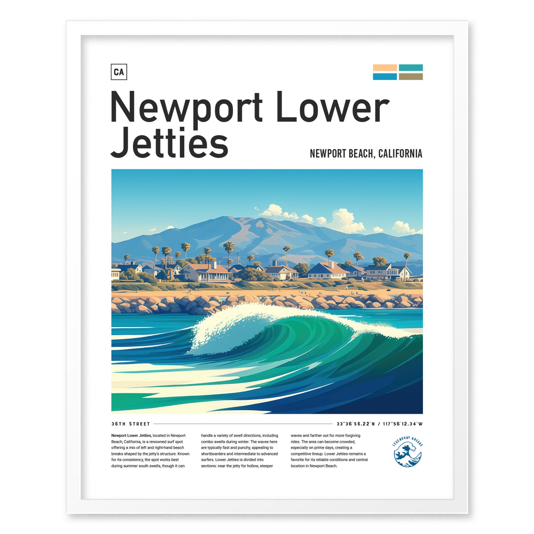 Illustration of Newport Lower Jetties shows a vibrant ocean wave with coastal houses and palm trees against a mountain backdrop. The poster includes text about Newport Beach, California.
